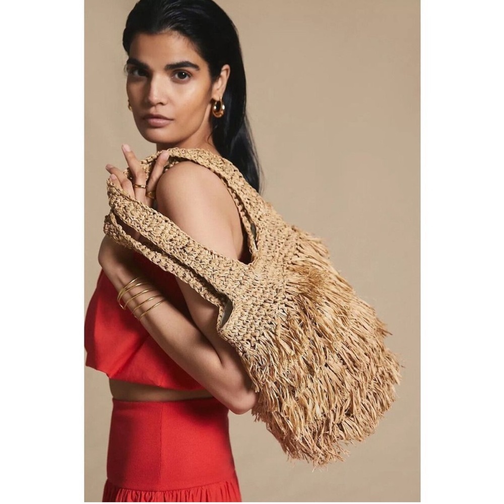 Anthropologie Natural Raffia Fringe Shoulder Bag